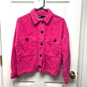 Zara Jacket Hot Pink Corduroy Button Up Shirt Cropped to Waist, Women's Size S